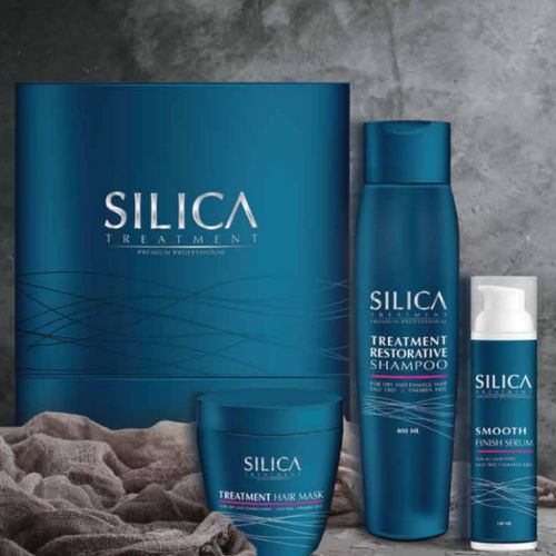 ערכת מוצרים לשיקום השיער לאחר החלקה SILICA שמפו+מסכה+סרום סיליקה+מברשת שיער