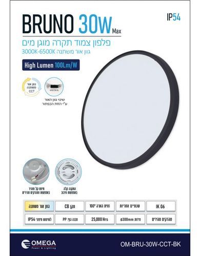 גוף תאורה שחור 30W צמוד תקרה מוגן מים BRUNO  OMEGA