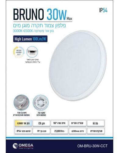 גוף תאורה לבן 30W צמוד תקרה מוגן מים BRUNO  OMEGA