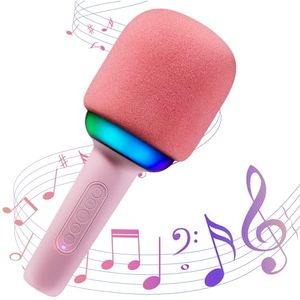 מיקרופון קריוקי משולב רמקול עם תאורת LED, חיבור BT ואפקטים קוליים - ורוד