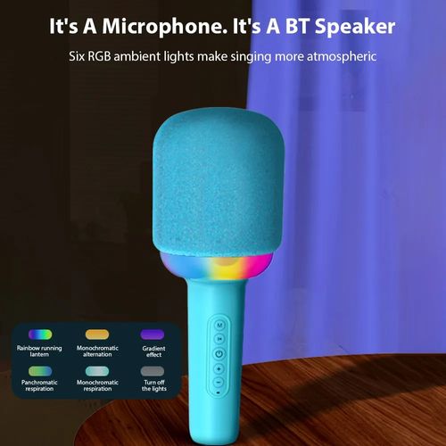 מיקרופון קריוקי משולב רמקול עם תאורת LED, חיבור BT ואפקטים קוליים - ורוד