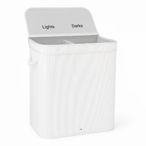 סל כביסה במבוק לבן | סל כביסה במבוק מחולק | סל כביסה מחולק במבוק 2 תאים 100L כולל מכסה