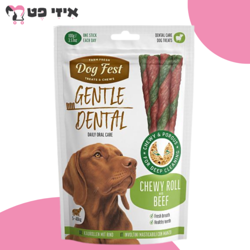 חטיף דנטלי דוג פסט גליל לעיסה עם בקר לכלב בוגר 100 גרם Dog Fest
