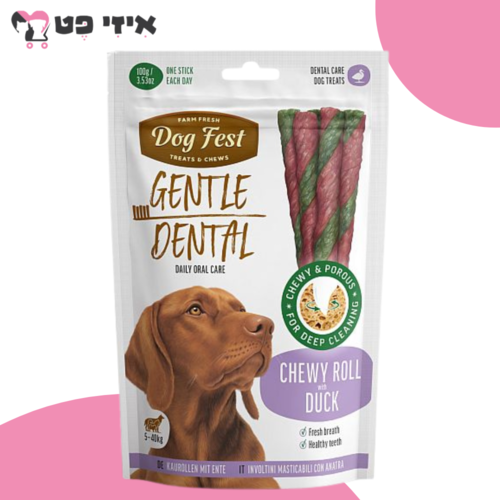 חטיף דנטלי דוג פסט גליל לעיסה עם ברווז לכלב בוגר 100 גרם Dog Fest