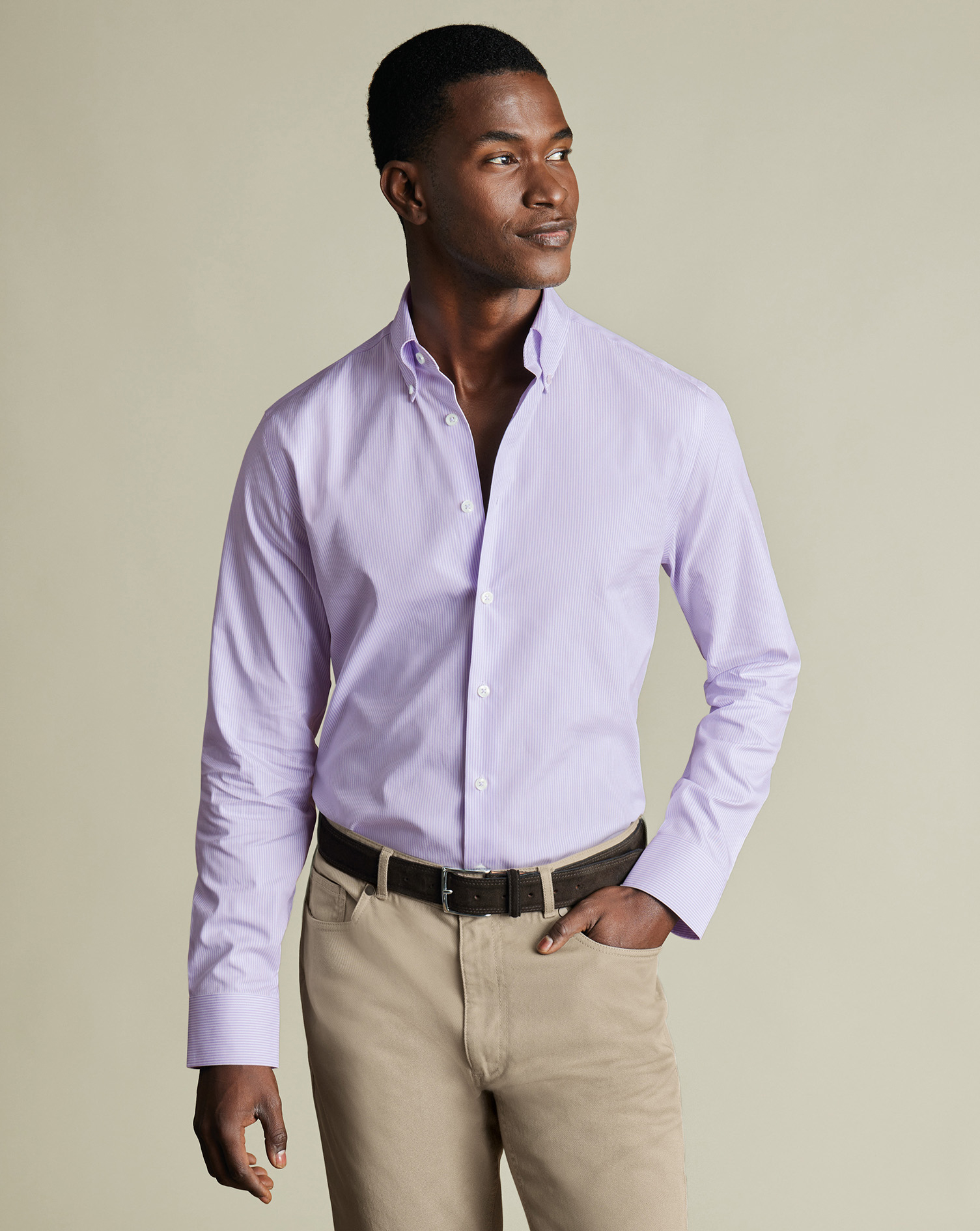 חולצה סגולה  גזרת סלים - Lilac purple stripe non-iron button-down oxford slim fit shirt