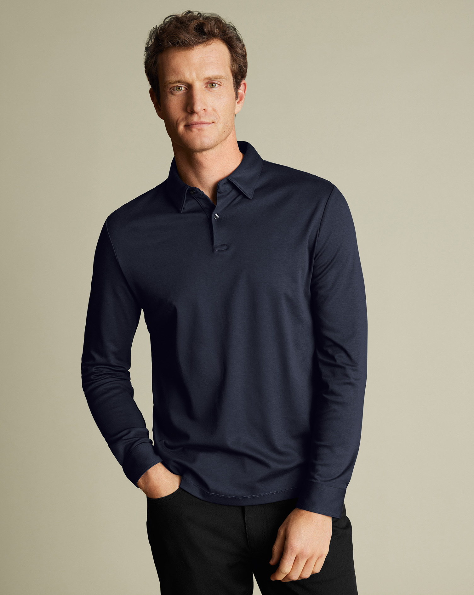 חולצת פולו כחולה שרוול ארוך - Navy Blue Plain Long Sleeve Jersey Polo