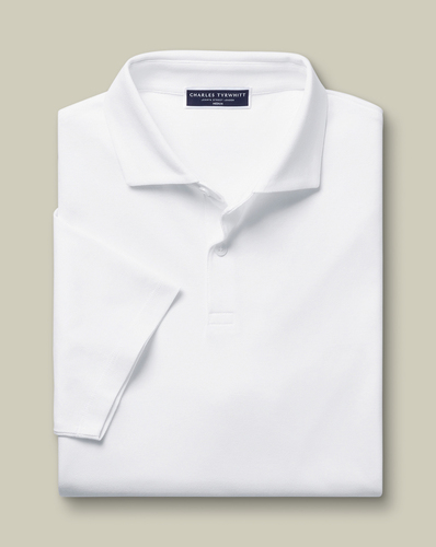 חולצת פולו  - White Short Sleeve Cotton Stretch Smart Pique Polo