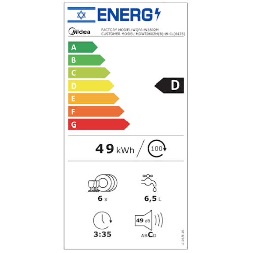 מדיח כלים על השיש 6 מערכות כלים Midea MDWTT0602F(W)-W-IL