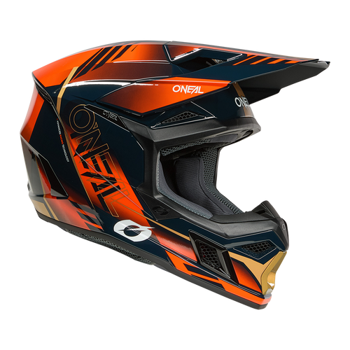 קסדת מוטוקרוס O'Neal 3SRS HAZE בצבעים כחול כתום וזהב, דגם 0625-263 עם טכנולוגיית בטיחות כפולה, מערכת EQRS ואוורור מתקדם לרכיבת מוטוקרוס מקצועית