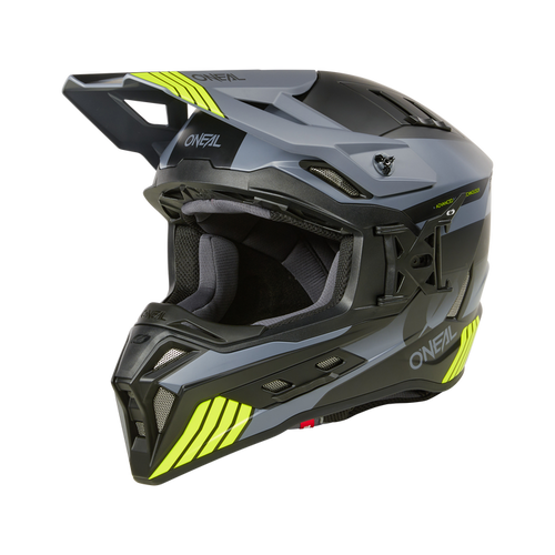 קסדת אופנועים O'NEAL Ex-SRS Helmet Hitch בצבע שחור אפור וצהוב ניאון, קסדה מלאה עם טכנולוגיית Airflaps ומערכת אוורור מתקדמת לבטיחות מקסימלית