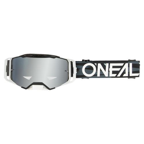 משקפי מגן O'NEAL B-33 ICTUS דגם 6036-015 בצבע שחור/לבן עם עדשת מראה כסופה, מסגרת איכותית ורצועת ראש מתכווננת לרכיבת אופנועים ואופני שטח