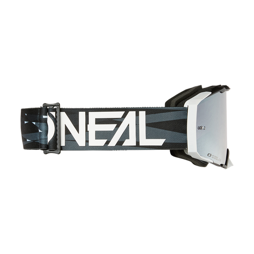 משקפי מגן O'NEAL B-33 ICTUS דגם 6036-015 בצבע שחור/לבן עם עדשת מראה כסופה, מסגרת איכותית ורצועת ראש מתכווננת לרכיבת אופנועים ואופני שטח