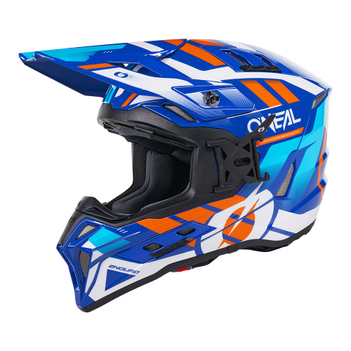 קסדת מוטוקרוס O'Neal EX-SRS DUST בצבע כחול וכתום, דגם EXSRS-253 עם מבנה דו-קליפתי, מערכת Airflaps חדשנית, ריפוד אנטיבקטריאלי Polygiene ותקן בטיחות ECE 22.06 למוטוקרוס מקצועי