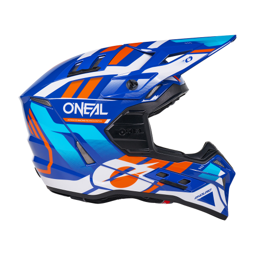 קסדת מוטוקרוס O'Neal EX-SRS DUST בצבע כחול וכתום, דגם EXSRS-253 עם מבנה דו-קליפתי, מערכת Airflaps חדשנית, ריפוד אנטיבקטריאלי Polygiene ותקן בטיחות ECE 22.06 למוטוקרוס מקצועי