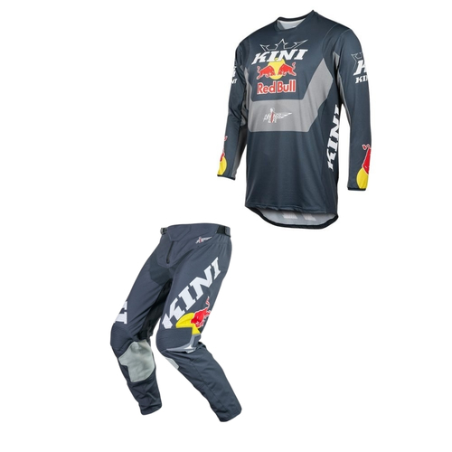 סט חליפה מוטוקרוס Kini Red Bull MXC בצבע אנתרציט כולל חולצת רכיבה ארוכה ומכנסיים עם מערכת אוורור לייזר ומגני חום לרכיבה מקצועית