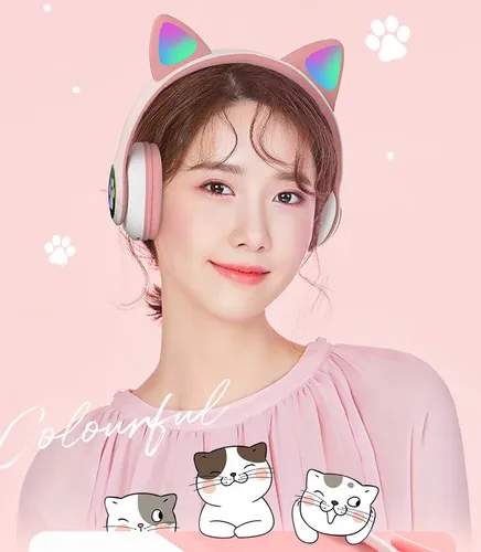 אוזניות חתול אלחוטיות BT עם סאונד באיכות HD, אורות וטעינה - ורוד