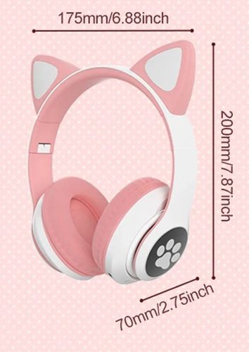אוזניות חתול אלחוטיות BT עם סאונד באיכות HD, אורות וטעינה - ורוד
