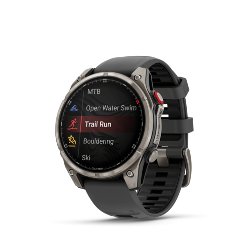 שעון חכם Garmin Fenix 8 Pro AMOLED Sapphire 47mm טיטניום DLC אפור קרבון עם רצועת סיליקון בצבע שחור / אפור חלוקי נחל
