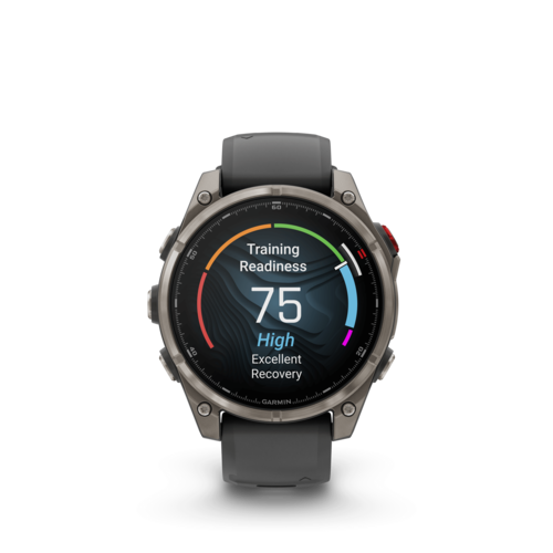 שעון חכם Garmin Fenix 8 Pro AMOLED Sapphire 47mm טיטניום DLC אפור קרבון עם רצועת סיליקון בצבע שחור / אפור חלוקי נחל