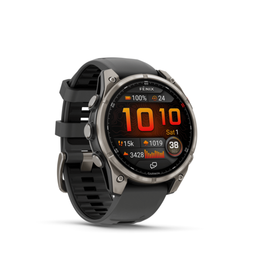 שעון חכם Garmin Fenix 8 Pro AMOLED Sapphire 47mm טיטניום DLC אפור קרבון עם רצועת סיליקון בצבע שחור / אפור חלוקי נחל