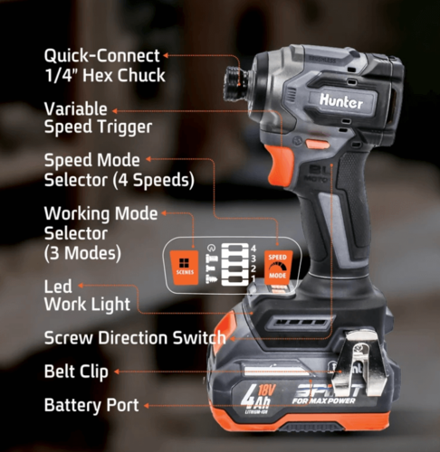 מברגת אימפקט קצרה Hunter Brushless 18V + סוללה 3Ah ומטען