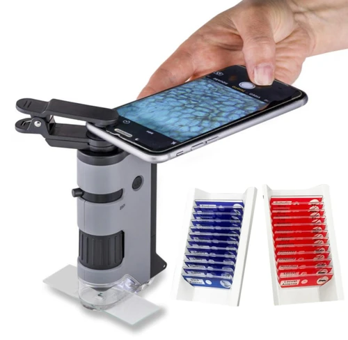 מיני מיקרוסקופ MicroFlip עם הגדלה פי 250-100 + מתאם + 24 זכוכיות נושא