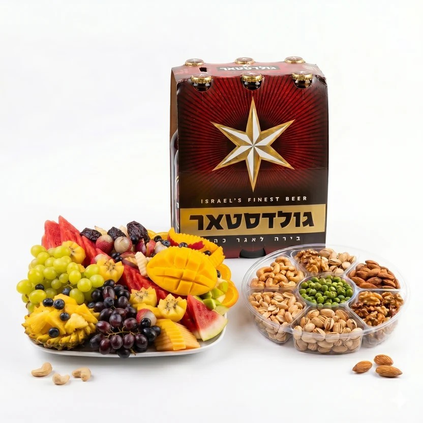 מונדיאל large מגש פירות 8 סועדים פיצוחים ענק  ו 2 שישיות בירה קרה