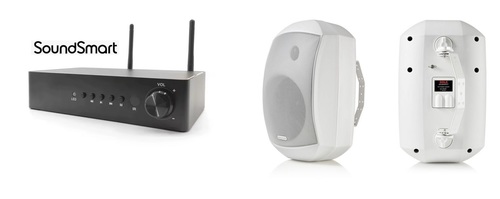 מגבר סטריאו קטן מימדים חכם מבית SOUNDSMART דגם דגם Wa60 + זוג רמקולים לתנאי חוץ מבית OMEGA AUDIO דגם AW525 