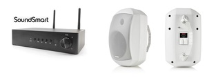 מגבר סטריאו קטן מימדים חכם מבית SOUNDSMART דגם דגם Wa60 + זוג רמקולים לתנאי חוץ מבית OMEGA AUDIO דגם AW525 
