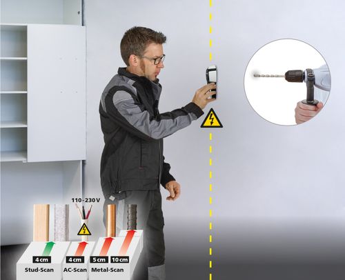 סורק גלאי LASERLINER MultiFinder Plus 080.965A - מכשיר מקצועי לאיתור עץ מתכת וחוטי חשמל בקירות עם צג LCD מואר