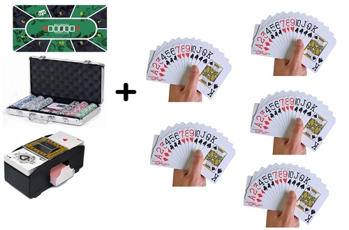 מארז פוקר ALL IN 300 כולל משטח לפוקר +מערבב קלפים אוטומטי +5 חפיסות קליפים