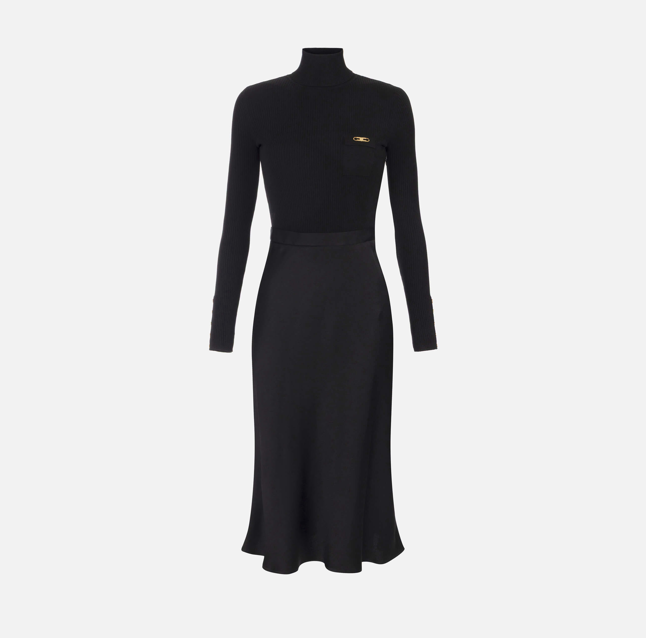 Dress in ribbed knit and satin fabrics with pocket