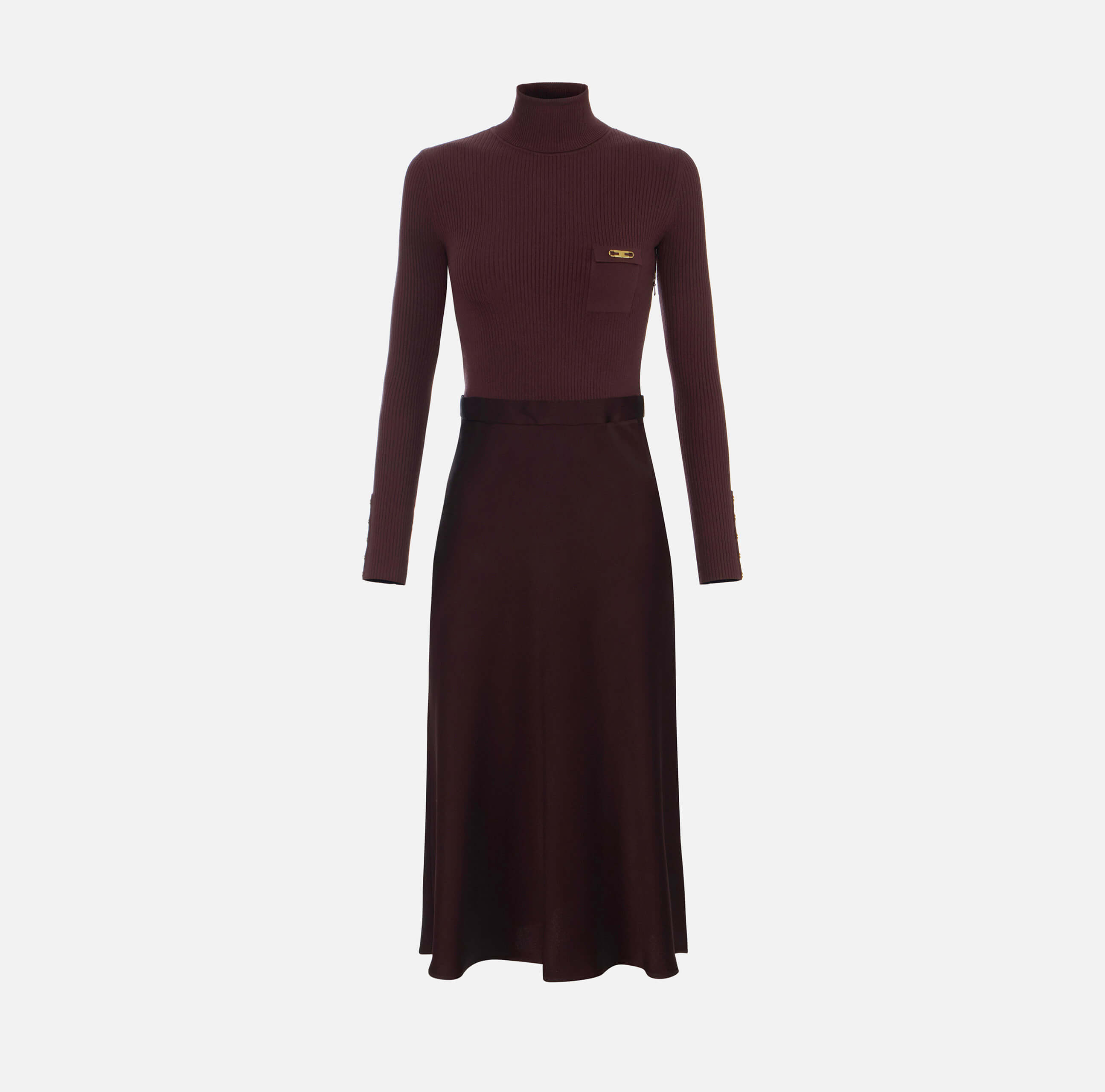 Dress in ribbed knit and satin fabrics with pocket