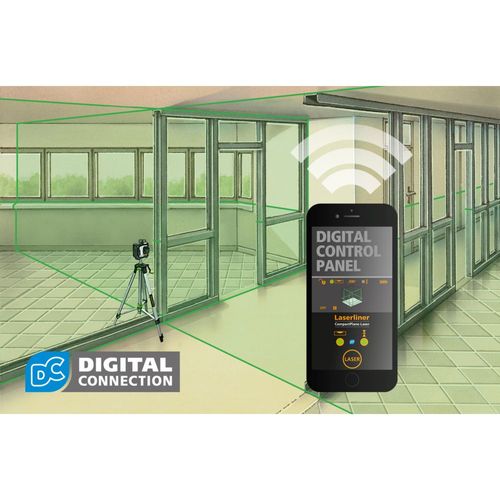 לייזר 3D ירוק LASERLINER CompactPlane-Laser 3G דגם 036.299A - מכשיר פילוס מקצועי עם שלושה היקפי לייזר וחצובת אלומיניום לעבודות בנייה ויישור מדויק