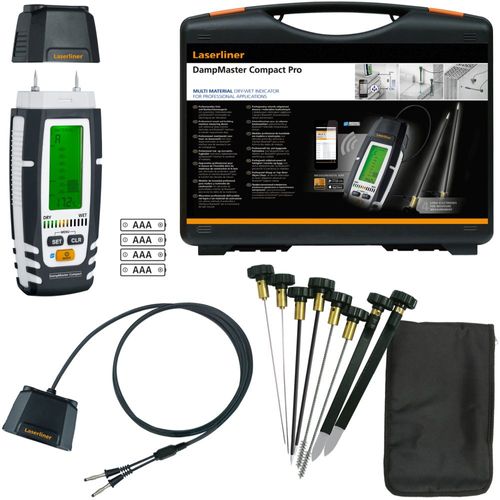 מכשיר בדיקת לחות LASERLINER DampMaster Compact Pro 082.325A - מכשיר דיגיטלי מקצועי עם ערכת דוקרנים מתמחים למדידת לחות בעץ וחומרי בניה