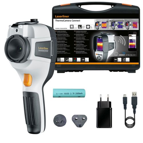 מצלמה תרמית מקצועית LASERLINER ThermoCamera Connect דגם 082.086A - מבט על רקע לבן המציג תצוגה צבעונית 3.2 אינץ' וחיישן אינפרא אדום לניתוח טמפרטורות מדויק