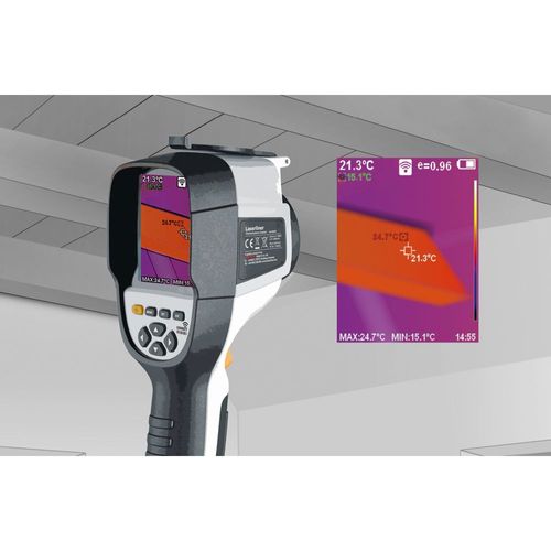 מצלמה תרמית מקצועית LASERLINER ThermoCamera Connect דגם 082.086A - מבט על רקע לבן המציג תצוגה צבעונית 3.2 אינץ' וחיישן אינפרא אדום לניתוח טמפרטורות מדויק