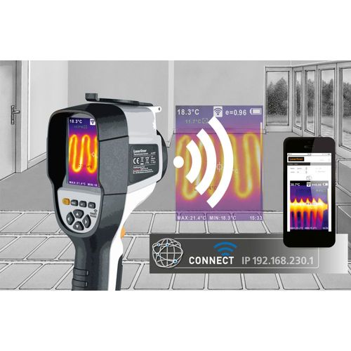 מצלמה תרמית מקצועית LASERLINER ThermoCamera Connect דגם 082.086A - מבט על רקע לבן המציג תצוגה צבעונית 3.2 אינץ' וחיישן אינפרא אדום לניתוח טמפרטורות מדויק