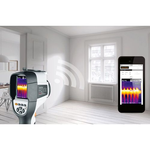 מצלמה תרמית מקצועית LASERLINER ThermoCamera Connect דגם 082.086A - מבט על רקע לבן המציג תצוגה צבעונית 3.2 אינץ' וחיישן אינפרא אדום לניתוח טמפרטורות מדויק