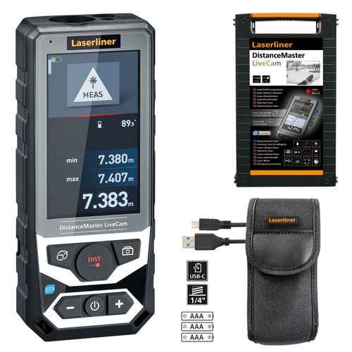 מד טווח לייזר LASERLINER Distance Master Live Cam 080.985A - מכשיר מקצועי עם מצלמת HD וזום פי 4 למדידות מדויקות עד 150 מטר