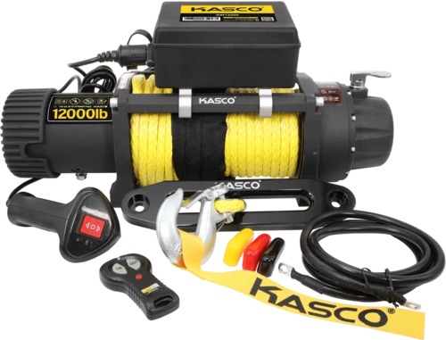 כננת משיכה לג'יפ ורכב שטח 12V LB12000 חבל סינטטי מבית KASCO קשקו - פתרון עוצמתי למשיכות ונטרולים