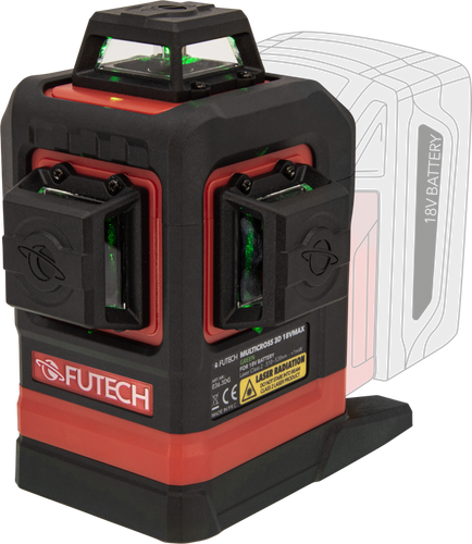 לייזר 3D FUTECH MULTICROSS 036.3DG - מכשיר פילוס מקצועי עם קווים ירוקים ומתאמי סוללות 18V לעבודות מדידה ובנייה מדויקות
