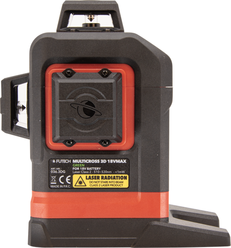לייזר 3D FUTECH MULTICROSS 036.3DG - מכשיר פילוס מקצועי עם קווים ירוקים ומתאמי סוללות 18V לעבודות מדידה ובנייה מדויקות