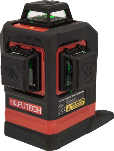לייזר 3D FUTECH MULTICROSS 036.3DG - מכשיר פילוס מקצועי עם קווים ירוקים ומתאמי סוללות 18V לעבודות מדידה ובנייה מדויקות