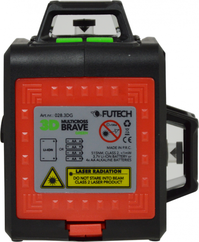 לייזר קווים 3D ירוק FUTECH MC 3D BRAVE GREEN דגם 027.3DG-S - מכשיר קומפקט עם פריזמה תלת מימדית לקווים אופקיים ואנכיים מדויקים