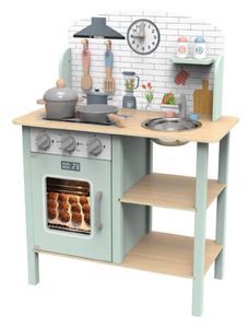 מטבח עץ לילדים עם כיור, כיריים ו 7 אביזרי משחק