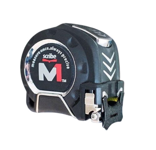 מטר מדידה מקצועי SCRIBE M1 TAPE עם סמן נשלף - מבט על רקע לבן המציג את העיצוב המחוזק והסרט הקשיח המיועד לעבודות בנייה מקצועיות