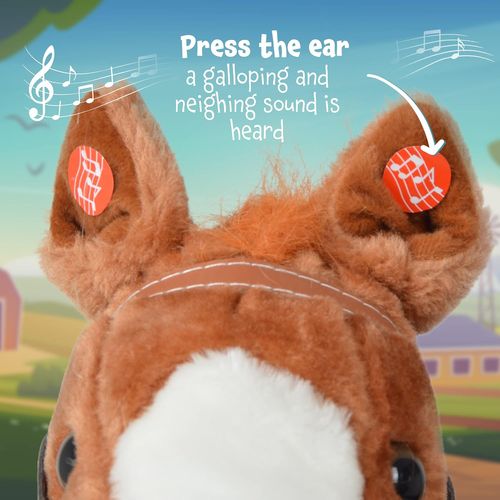 סוס נדנדה גדול עשוי עץ ובד עם אפקטים קוליים של דהירה וצהלות סוס (חום בהיר או כהה)