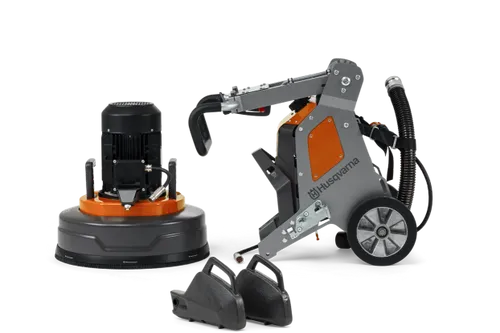 מלטשת בטון פלנטרית HUSQVARNA PG5 דגם 970 60 31-04 עם 3 דיסקיות ליטוש, מערכת קירור ערפל ועיצוב מרכב מפוצל לעבודות ליטוש מקצועיות.