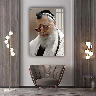 תמונות צדיקים - הרב עובדיה עם תפילין זכוכית/קנבס